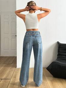 EURMUSE 100% Cotton Women's Denim Pants With Embroidery Detailed - Medium Wash - View 2