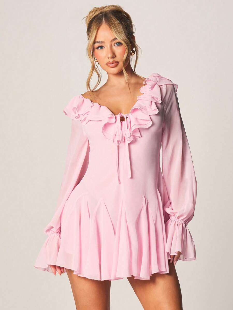 MISSGUIDED Đầm ngắn màu hồng nhạt bằng chiffon, trễ vai, cổ bèo nhún, tay phồng, thắt dây, thích hợp cho tiệc tùng mùa xuân hè. - Hồng - Xem 1
