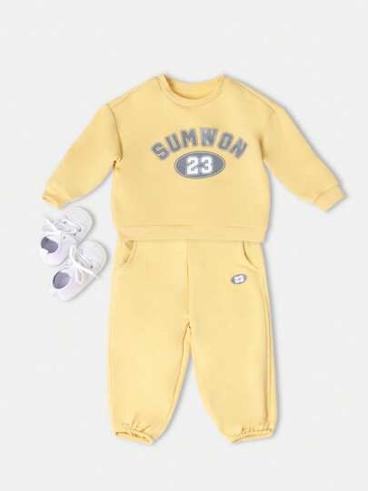 SUMWON Infant Varsity Graphic Crew Neck Sweatshirt And Jogger Pants Soft Long Sleeve Co-Ord Set For Casual Comfort