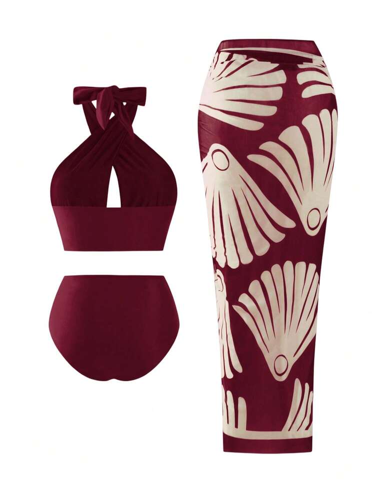 Women's Burgundy Halter Top And High-Waisted Bikini Bottom Set With A Printed Mesh Maxi Dress, Perfect For Vacation. - 波爾多 - 查看 2