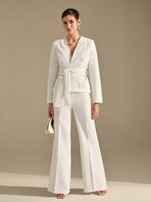 Women's V-Neck Lace Beaded Applique White Belt Wide Leg Pants Suit - White - View 5