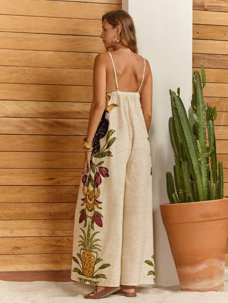 CAJUNI Macacão Sexy Feminino de Decote em V Profundo e Sem Mangas com Estampa Tropical - Multicolorido - Visão 2