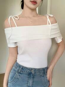 FRIFUL Áo thun nữ màu trơn, dây mảnh, trễ vai, chất liệu gân, phong cách tối giản, thích hợp cho mùa hè. - trắng - Xem 3