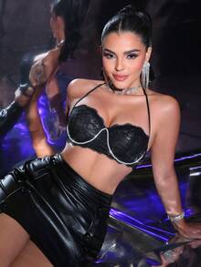 1件女士内衣，黑色蕾丝钢圈文胸，性感薄款罩杯 - 黑色 - 查看 5