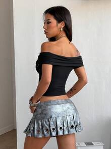 Coolane 女士夏季Y2K复古90年代音乐节派对弹力舒适褶皱黑色修身露肩褶裥上衣露肩孔眼黑色T恤 - 黑色 - 查看 2