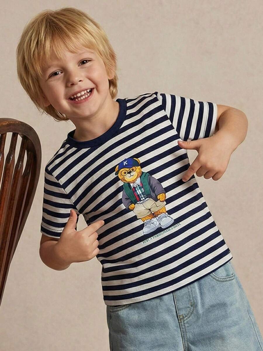 PrepCrw Young Boys' Collegiate Style Bear Graphic Striped Short Sleeve T-Shirt - Blue and White - View 1