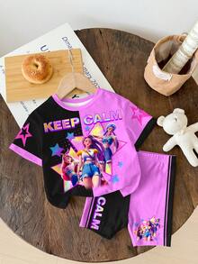 SHEIN 两件套少女字母卡通印花短袖T恤和短裤，休闲简约夏季套装，适合校园、运动、户外、街头风、居家穿着。 - 彩色 - 查看 2
