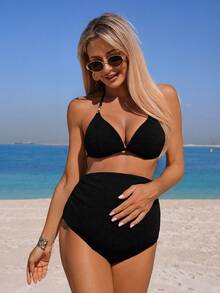 Swim Vcay 2026SS Nouvelle arrivée de maillots de bain pour femmes pour les vacances, les rendez-vous, l'Occident, les croisières, la plage, les îles, les road trips, toutes les saisons, les festivals de musique, les vacances bohèmes, les vacances bohèmes, les shorts plissés bohèmes décontractés d'automne Y2K, les ensembles de plage d'été vintage élégants et décontractés pour la maternité. Ensemble de deux pièces de maillot de bain noir pour femme, tenue de vacances à la plage en deux pièces, ensemble de bikini en deux pièces pour femme - Multicolore - Voir 1