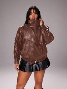 Rustia 大码时尚街头风休闲宽松机车皮夹克，秋季新品 - 巧克力棕 - 查看 4