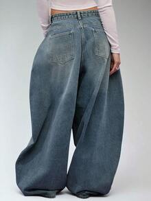 COUREZ Quần jeans ống loe cạp trễ phối vải cotton cotton cổ điển, màu xanh nhạt, phong cách đường phố thường ngày Y2K Leisure Music Festival - Màu xanh hải quân - Xem 3