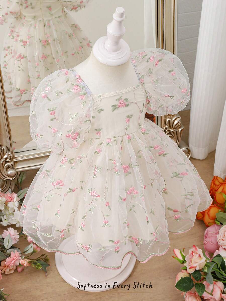 Cozy Pixies Baby Girl Summer Birthday Party Wedding Flower Girl Floral Embroidery Mesh Puff Sleeve Cinching Waist Dress - Multicolor - View 1