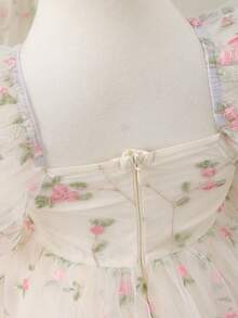 Cozy Pixies Baby Girl Summer Birthday Party Wedding Flower Girl Floral Embroidery Mesh Puff Sleeve Cinching Waist Dress - Multicolor - View 7