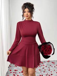 SHEIN PETITE CURVE Đầm dạ hội hai lớp dài tay cổ cao ôm sát, co giãn, dài đến đầu gối dành cho nữ cỡ lớn, thanh lịch, phù hợp cho các buổi đi chơi thường ngày, đi làm, mặc hàng ngày và ngày Valentine. - Đỏ - Xem 6