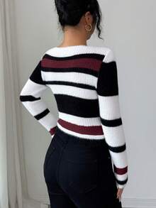 SHEIN Elenzya 优雅多色露肩长袖女士时尚修身针织套头毛衣，适合通勤、秋冬季穿着 - 酒紅色 - 查看 2