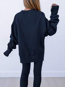 INAWLY Women's Solid Color Drop Shoulder Round Neck Loose Casual 2 Pieces Set - Navy Blue - View 3
