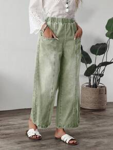 EMERY ROSE Women's Casual Everyday Elastic Waist Loose Straight Leg Jeans - Green - View 6