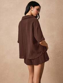 Poéselle 女士夏季两件套，沙滩两件套，100%纯棉质感面料，袖口收紧，短裤带侧袋，适合度假，宽松休闲衬衫套装，婚礼季女士连体裤，女士连身裤，女士连体衣 - 咖啡棕 - 查看 2