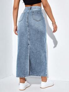 EMERY ROSE Plus Size Women Casual Fashion Street Chic Daily Commute High Waist Distressed Slit Hem Denim Skirt - Blue - View 2