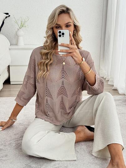 Louniche Unique Design Hollow-Out Knit Sweater For Women, Loose Fit 3/4 Sleeve Round Neck Cardigan, Spring/Summer