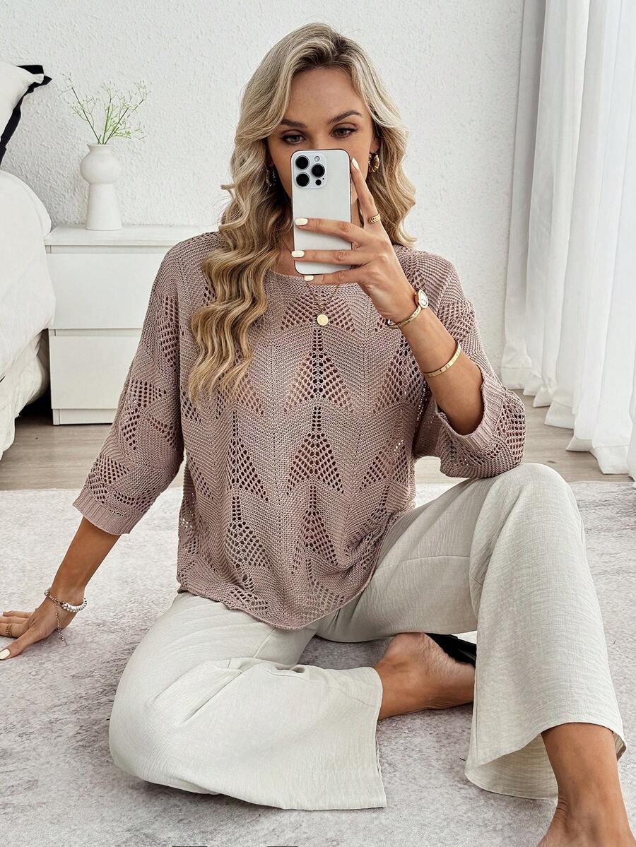 Louniche 女士独特镂空针织毛衣，宽松七分袖圆领开衫，春夏款 - 卡其色 - 查看 1