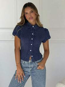 SHEIN EZwear 藏蓝色波点编织露背短袖女式衬衫纽扣上衣夏季衬衫女士牛仔钻石套装波点衬衫纽扣上衣波点上衣，夏季休闲上衣可搭配牛仔裤女士衬衫夏季女士休闲套装女士上衣和衬衫女士上衣 - 藏蓝色 - 查看 8