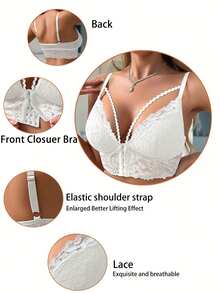 DesireSculpt 1pc Lace Front Closure Wireless Bra For Women - White - View 4