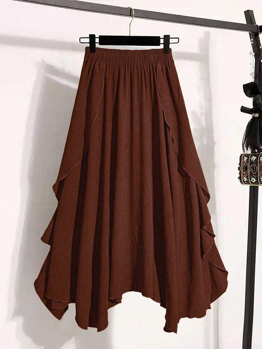EMERY ROSE Plus Size Women's Casual Solid Color Asymmetric Hem Skirt, Summer - Redwood - View 1
