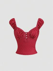 Sweetra Women's 1960s Vintage Red And White Polka Dot Crop Top, Y2K Summer Vacation Ruched Half-Placket Fitted T-Shirt, Retro Sweet Girly Style - Red and White - View 1