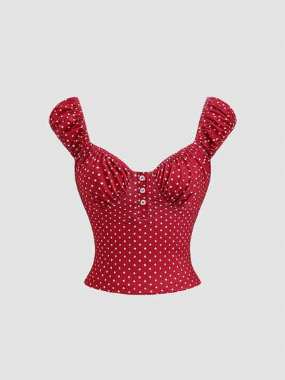 Sweetra Crop top sexy Y2K, estilo romántico, dulce y lindo, estilo retro y vintage, adecuado para vacaciones, citas, salidas, fiestas, San Valentín, festivales de música. Camiseta de mujer con cuello redondo, manga corta, media abertura y fruncido en lunares rojos, para primavera/verano/otoño