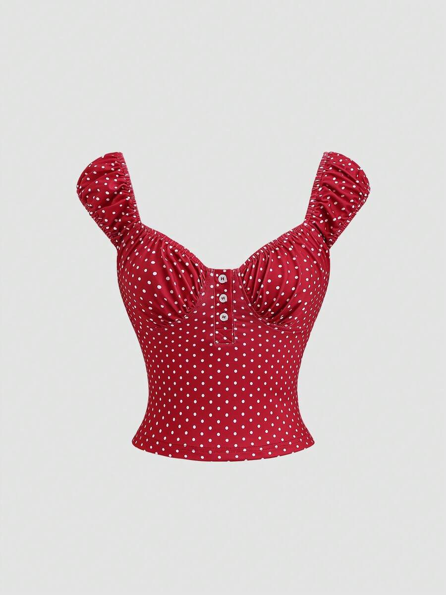 Sweetra Women's 1960s Vintage Red And White Polka Dot Crop Top, Y2K Summer Vacation Ruched Half-Placket Fitted T-Shirt, Retro Sweet Girly Style - Red and White - View 1