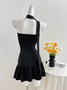 Elamini Y2K性感金属装饰弹力紧身层叠荷叶边迷你连衣裙 - 黑色 - 查看 2