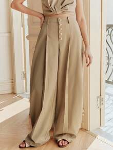 Anewsta Spring Fashionable New Arrival Barrel Leg Pants With Button Closure Design For Women - Khaki - View 4