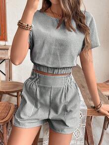 SHEIN Frenchy Bộ đồ nữ dáng rộng, vai rớt, tay ngắn, gồm 2 món, thích hợp mặc mùa hè. - Đen và trắng - Xem 6