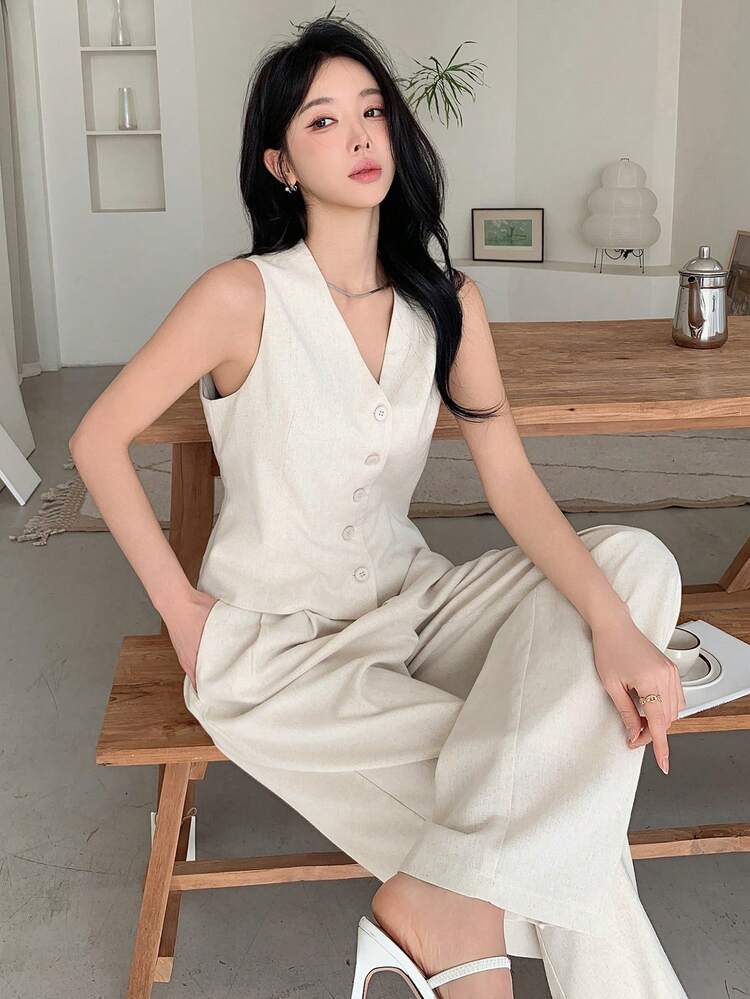 2pcs Women V-Neck Sleeveless Top And Pants Set Summer