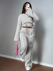 Slaydiva 2025 Autumn/Winter Casual All-Match Versatile Streetwear & Commute 2-Piece Set: Long Sleeve Sweatshirt & Pants, Women's Solid White & Gray Outfit Tall Two Piece Set Brunch 2 Piece Set Wide Leg Pants Set Grey Two Piece Set - Grey - View 3