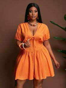 Slaydiva Summer Orange Vacation Holiday Plus Size Mini Dress,Deep V-Neck Short Sleeve Fitted A-Line Woven Texture Fabric Elegant Party Wedding Graduation Dress - Orange - View 6