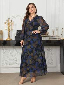 Modelyn Damen Spitzen-Patchwork Laternärmel Kleid mit V-Ausschnitt, elastischer Taille, A-Linie und floralem Muster, elegantes Plusgrößen-Kleid - Verschiedenfarbig - Übersicht 4