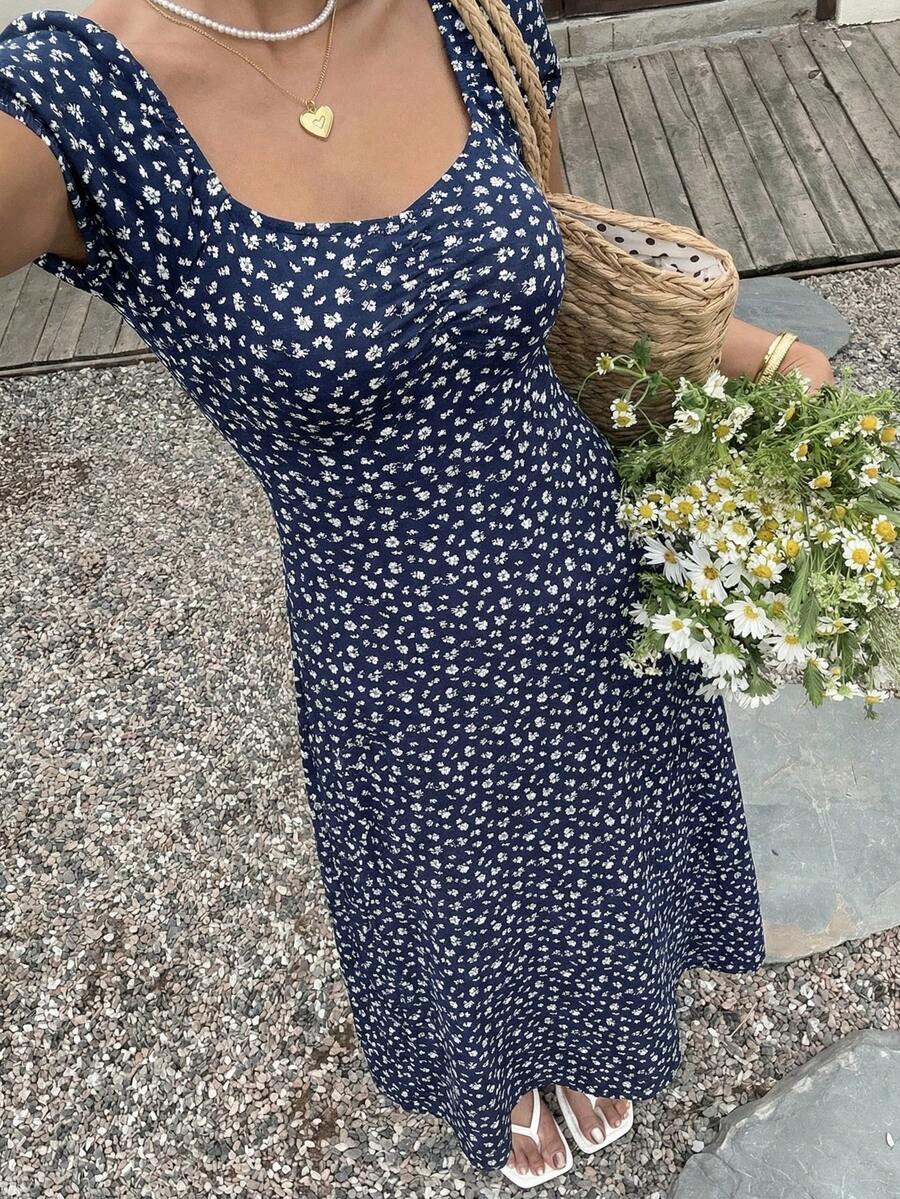 Flirla Đầm Maxi Tay Ngắn Cổ Vuông In Hoa Màu Xanh Navy Tay Phồng Thẳng Ngắn Cho Nữ - Màu xanh hải quân - Xem 1