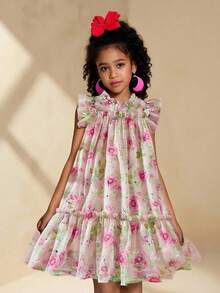 Tween Girls' Elegant Rose Print Chiffon Dress, Summer - Multicolor - View 5