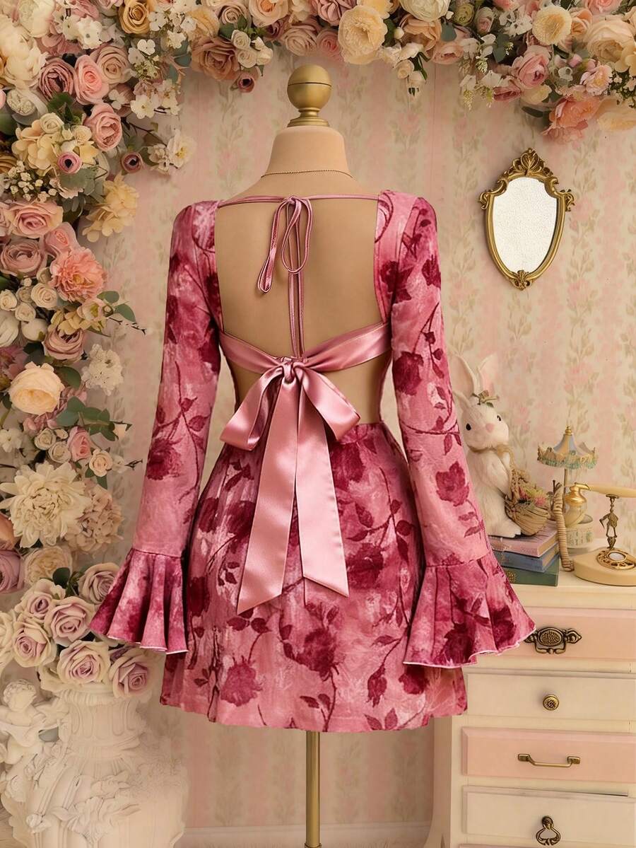 Glamine 春季新款情人节浪漫扎染玫瑰印花露背迷你连衣裙，可调节露背系带喇叭袖粉色优雅A字连衣裙，收腰修身连衣裙，适合日常、派对、海滩度假等场合 - 淺粉色 - 查看 1