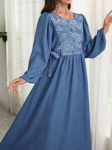 Al Najma Vestido estilo árabe de manga larga, suelto y acampanado, de unicolor y estampado, para mujer - Azul - Ver 5