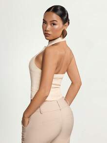 SHEIN ICON Retro Chinese Style Mandarin Collar Button-Up Tie-Waist Halter Top - Beige - View 2