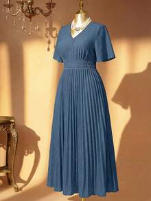 DreamSkyne 女士 V 领蕾丝花边腰部褶皱 A 字连衣裙 - 藍色 - 查看 2