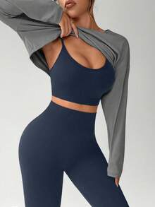 Dewbera Bộ 3 món dành cho nữ: Áo thun dài tay dáng ngắn màu trơn, áo ngực không đường may và quần legging. - Xám - Xem 5