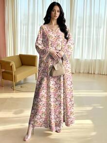 SHEIN Najma 复古花卉植物印花蕾丝V领长袖连衣裙，女士春夏花卉长裙，优雅阿拉伯风格 - 彩色 - 查看 4
