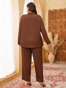 Lacomfia Plus Size Vintage Textured Shirt Set, Slimming 2 Pieces Outfit For Autumn/Winter - Brown - View 2