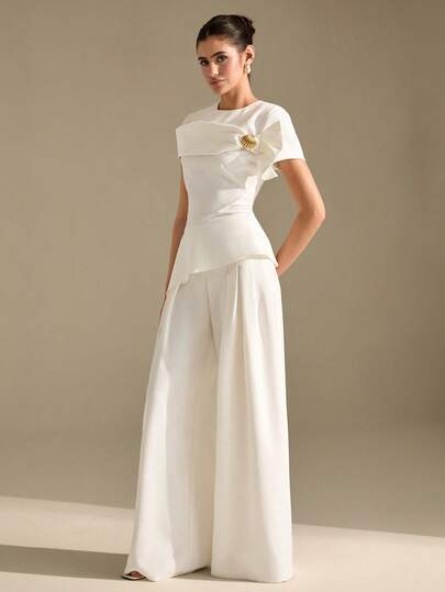 CLARA VERO Women's Round Neck Ruched Decor Asymmetrical Hem Top And Wide Leg Pants 2 Pieces Set