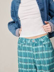 Nöista Wide-Leg Denim Pants , Bold Blue Checkered Pattern With A Classic Five-Pocket Design And Button Closure. Casual, Spring, Summer, Pants. - Green - View 5