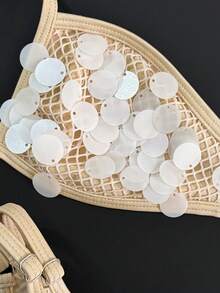 Swim Vcay Summer New Solid Beige Luminous Ocean Style Sequin Mesh Splice Side Adjustable Backless High Cut One-Piece Sexy Influencer Beach Romantic Vacation Bikini Set For Women - Apricot - View 2