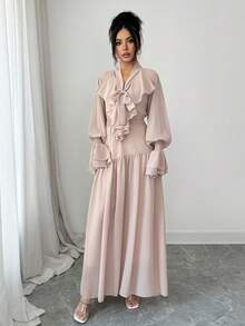 Modelyn Women's Ruffle Hem Long Dress With Unique Design - Dusty Pink - View 7
